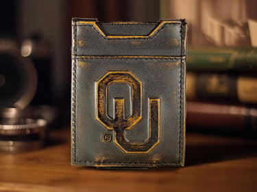 Oklahoma Sooners Men's Collegiate Magnetic Front Pocket Leather Wallet. Brown Burnished Full Grain Finish With Debossed Logo