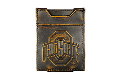 Ohio State Buckeyes Men's Collegiate Magnetic Front Pocket Leather Wallet. Brown Burnished Full Grain Finish With Debossed Logo