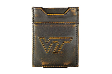Virginia Tech Hokies Men's Collegiate Magnetic Front Pocket Leather Wallet. Brown Burnished Full Grain Finish With Debossed Logo