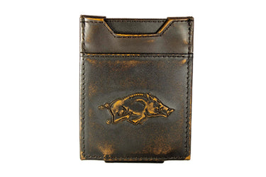 Arkansas Razorbacks Men's Collegiate Magnetic Front Pocket Leather Wallet. Brown Burnished Full Grain Finish With Debossed Logo