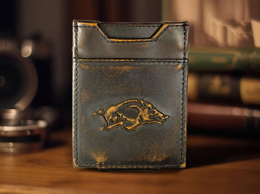 Arkansas Razorbacks Men's Collegiate Magnetic Front Pocket Leather Wallet. Brown Burnished Full Grain Finish With Debossed Logo