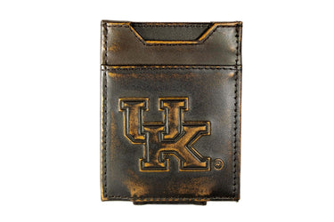 Kentucky Wildcats Men's Collegiate Magnetic Front Pocket Leather Wallet. Brown Burnished Full Grain Finish With Debossed Logo