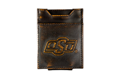 Oklahoma State Cowboys Men's Collegiate Magnetic Front Pocket Leather Wallet. Brown Burnished Full Grain Finish With Debossed Logo