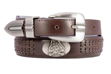 ECU Pirates Men's Collegiate Brown Braided Leather Belt. Metal Emblem Conchos.