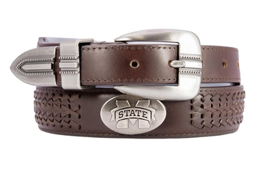 Mississippi State Bulldogs Men's Collegiate Brown Braided Leather Belt. Metal Emblem Conchos.