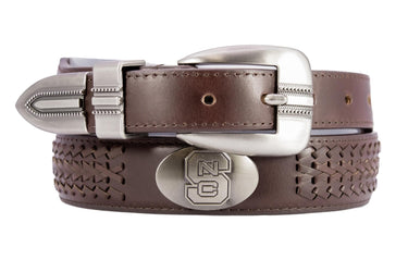 North Carolina Wolfpack Men's Collegiate Brown Braided Leather Belt. Metal Emblem Conchos.