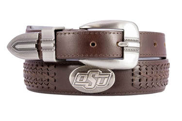 Oklahoma State Cowboys Men's Collegiate Brown Braided Leather Belt. Metal Emblem Conchos.