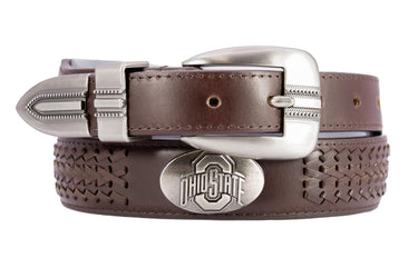 Ohio State Buckeyes Men's Collegiate Brown Braided Leather Belt. Metal Emblem Conchos.