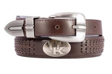 Kentucky Wildcats Men's Collegiate Brown Braided Leather Belt. Metal Emblem Conchos.
