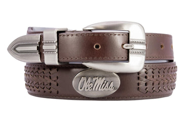Ole Miss Rebels Men's Collegiate Brown Braided Leather Belt. Metal Emblem Conchos.