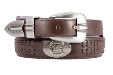 South Carolina Gamecocks Men's Collegiate Brown Braided Leather Belt. Metal Emblem Conchos.