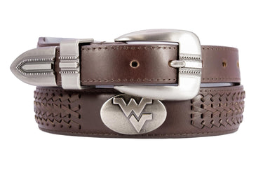West Virginia Mountaineers Men's Collegiate Brown Braided Leather Belt. Metal Emblem Conchos.