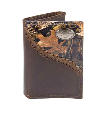 Georgia Bulldogs Camo Corner Leather Wallet – Bifold, Trifold or Tall Roper – Silver Emblem Gift.
