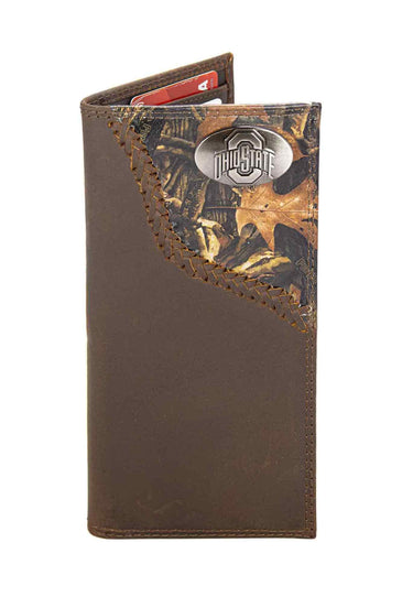 Ohio State Buckeyes Camo Corner Leather Wallet – Bifold, Trifold or Tall Roper – Silver Emblem Gift.