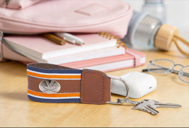 Virginia Cavaliers Collegiate Grosgrain Ribbon Key Chain with Leather Accent and Silver Emblem.