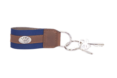West Virginia Mountaineers Collegiate Grosgrain Ribbon Key Chain with Leather Accent and Silver Emblem.