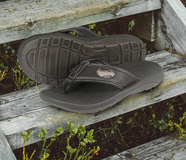 Georgia Southern Eagles Men's Collegiate Flip Flop Sandal. Brown Straps With Metal Concho Logo. Cushioned Insole and Non-skid Outsole.