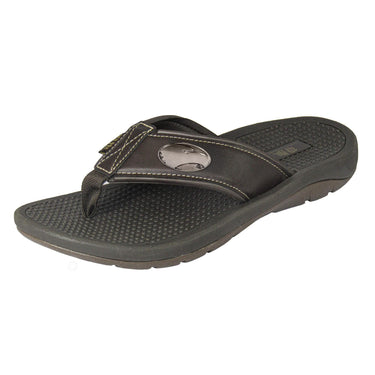 Georgia Southern Eagles Men's Collegiate Flip Flop Sandal. Brown Straps With Metal Concho Logo. Cushioned Insole and Non-skid Outsole.