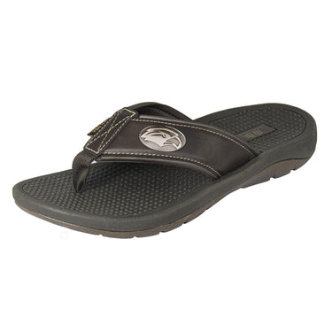 Southern Miss Eagles Men's Collegiate Flip Flop Sandal. Brown Straps With Metal Concho Logo. Cushioned Insole and Non-skid Outsole.
