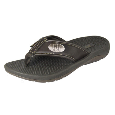 Oklahoma Sooners Men's Collegiate Flip Flop Sandal. Brown Straps With Metal Concho Logo. Cushioned Insole and Non-skid Outsole.