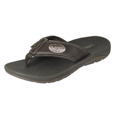 Virginia Tech Hokies Men's Collegiate Flip Flop Sandal. Brown Straps With Metal Concho Logo. Cushioned Insole and Non-skid Outsole.