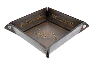 Arkansas Razorbacks Men's Collegiate Valet Tray, Catch-all, Desk Organizer, Nightstand Tray. Brown Burnished Full Grain Leather Finish.
