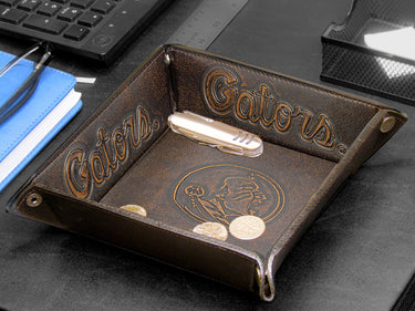 FSU Seminoles Men's Collegiate Valet Tray, Catch-all, Desk Organizer, Nightstand Tray. Brown Burnished Full Grain Leather Finish.