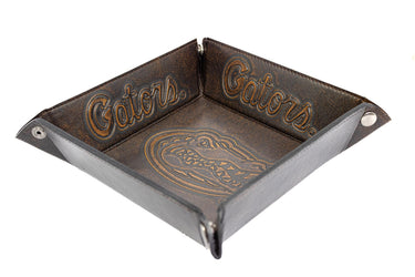 Florida Gators Men's Collegiate Valet Tray, Catch-all, Desk Organizer, Nightstand Tray. Brown Burnished Full Grain Leather Finish.