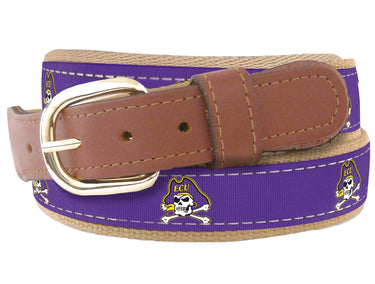 Youth Size ECU Pirates Collegiate Woven Ribbon Belt. Tan Full Grain Leather Tabs. Boys Size ECU Belt. Kids East Carolina Ribbon Belt.