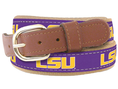 Youth Size LSU Tigers Collegiate Woven Ribbon Belt. Tan Full Grain Leather Tabs. Boys Size Tigers Belt. Kids LSU Ribbon Belt.