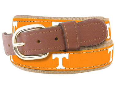 Youth Size Tennessee Vols Collegiate Woven Ribbon Belt. Tan Full Grain Leather Tabs. Boys Size Vols Belt. Kids UT Ribbon Belt.