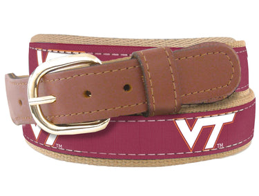 Youth Size Virginia Tech Hokies Collegiate Woven Ribbon Belt. Tan Full Grain Leather Tabs. Boys Size Hokies Belt. Kids VT Ribbon Belt.