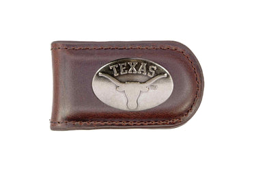 Texas Longhorns Leather Magnetic Money Clip Wallet - Silver Emblem Fan Gift - 6 Colors