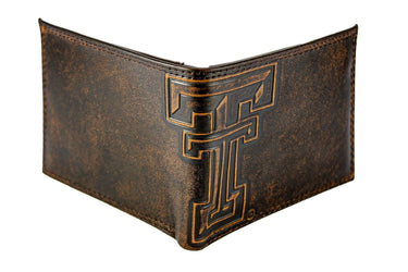 Texas Tech Red Raiders Men's Collegiate Bifold Leather Wallet. Brown Burnished Full Grain Finish With Large Debossed Logo