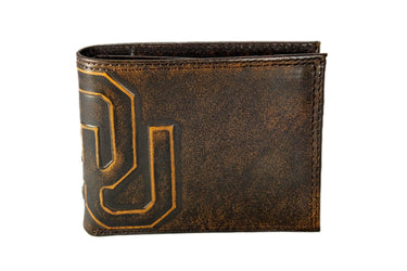 Oklahoma Sooners Men's Collegiate Bifold Leather Wallet. Brown Burnished Full Grain Finish With Large Debossed Logo