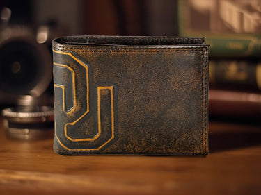 Oklahoma Sooners Men's Collegiate Bifold Leather Wallet. Brown Burnished Full Grain Finish With Large Debossed Logo