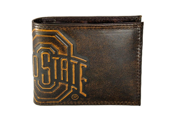 Ohio State Buckeyes Men's Collegiate Bifold Leather Wallet. Brown Burnished Full Grain Finish With Large Debossed Logo