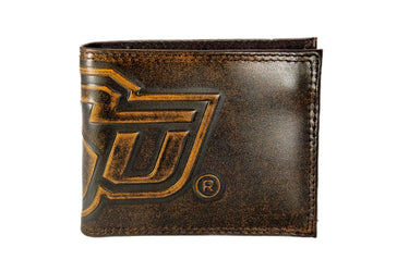 Oklahoma State Cowboys Men's Collegiate Bifold Leather Wallet. Brown Burnished Full Grain Finish With Large Debossed Logo