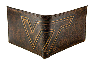 Virginia Tech Hokies Men's Collegiate Bifold Leather Wallet. Brown Burnished Full Grain Finish With Large Debossed Logo