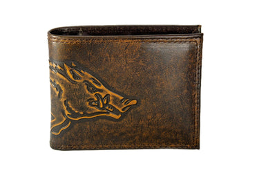 Arkansas Razorbacks Men's Collegiate Bifold Leather Wallet. Brown Burnished Full Grain Finish With Large Debossed Logo