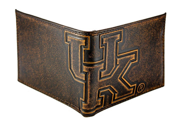 Kentucky Wildcats Sooners Men's Collegiate Bifold Leather Wallet. Brown Burnished Full Grain Finish With Large Debossed Logo