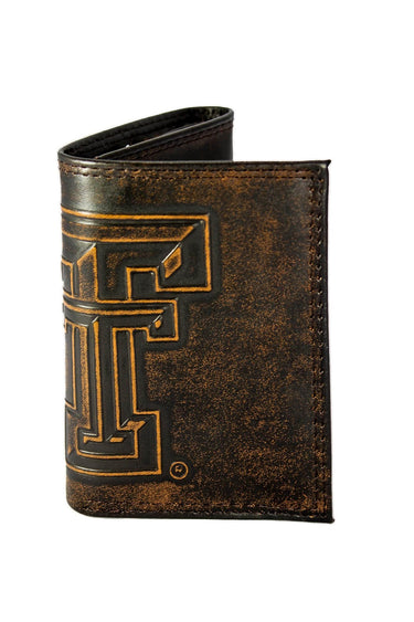 Texas Tech Red Raiders Men's Collegiate Trifold Leather Wallet. Brown Burnished Full Grain Finish With Large Debossed Logo