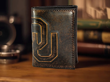 Oklahoma Sooners Men's Collegiate Trifold Leather Wallet. Brown Burnished Full Grain Finish With Large Debossed Logo