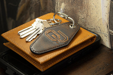 Oklahoma Sooners Collegiate Full Grain Leather Key Fob. Brown Burnished Keychain