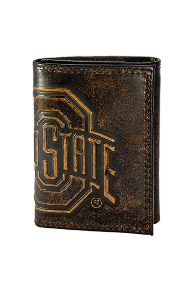 Ohio State Buckeyes Men's Collegiate Trifold Leather Wallet. Brown Burnished Full Grain Finish With Large Debossed Logo