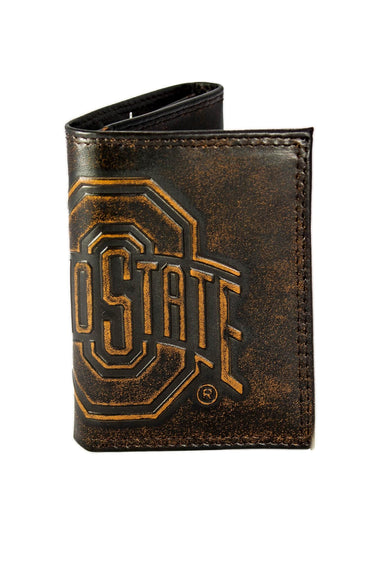Ohio State Buckeyes Men's Collegiate Trifold Leather Wallet. Brown Burnished Full Grain Finish With Large Debossed Logo