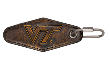 Virginia Tech Hokies Collegiate Full Grain Leather Key Fob. Brown Burnished Keychain