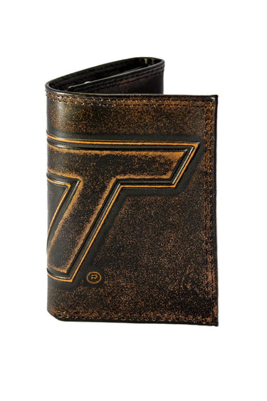 Virginia Tech Hokies Men's Collegiate Trifold Leather Wallet. Brown Burnished Full Grain Finish With Large Debossed Logo