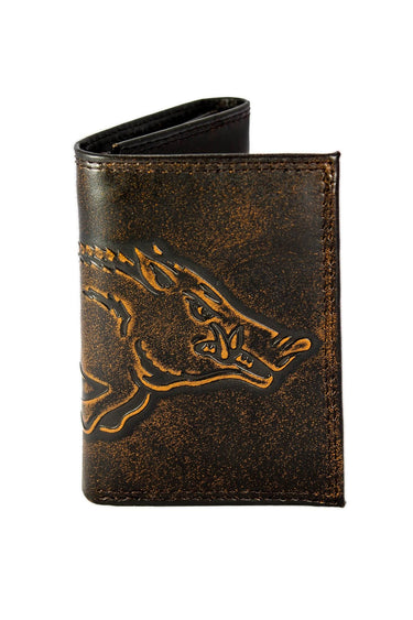 Arkansas Razorbacks Men's Collegiate Trifold Leather Wallet. Brown Burnished Full Grain Finish With Large Debossed Logo