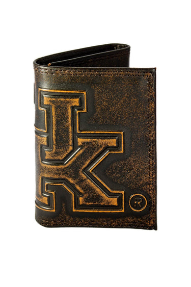 Kentucky Wildcats Men's Collegiate Trifold Leather Wallet. Brown Burnished Full Grain Finish With Large Debossed Logo